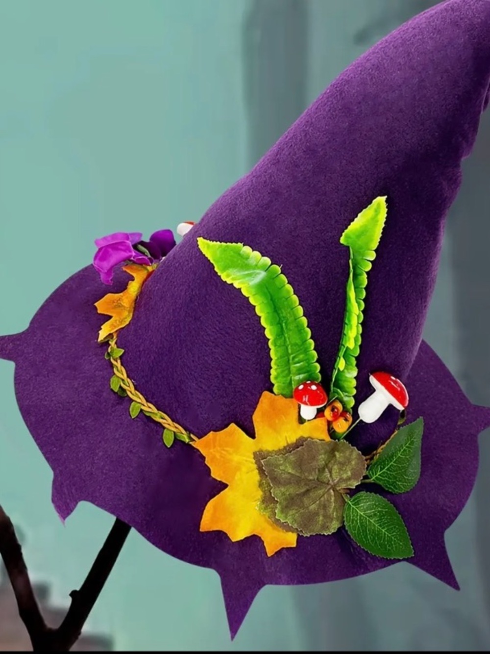Purple Witch Hat with Fall Leaf & Mushroom Accents - Picture 6 of 6